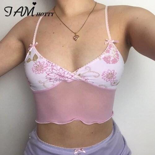 Sweet Kawaii Pink Frill Mesh Patchwork y2k Camisole Women Sexy Deep V Neck Floral Printed Basic Transparent Crop Top 90 Iamhotty