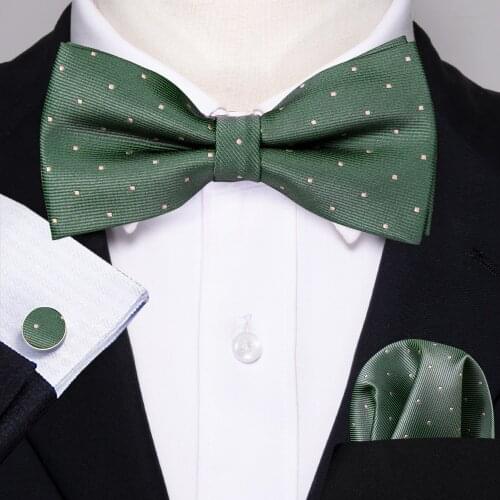 Barry.Wang Fashion Green Dot Bow Ties For Men Silk Butterfly Pre-Tied Bow Tie Pocket Square Cufflinks Suit Set Floral Bowtie
