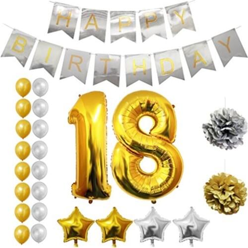 Happy 18th Birthday Balloon Set 1Banner + 16pcs latex balloon+6pcs aluminum balloon+2pcs paper flower ball fo Party backgroun