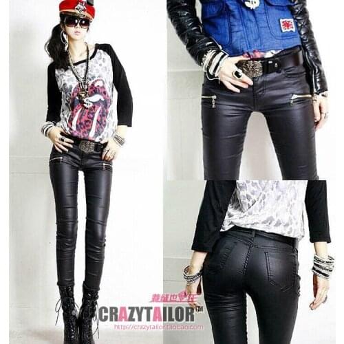 New Female Feet Tight Low-cut Black Leather Pants Womens Fashion Sexy Pocket Decoration Leisure Trousers