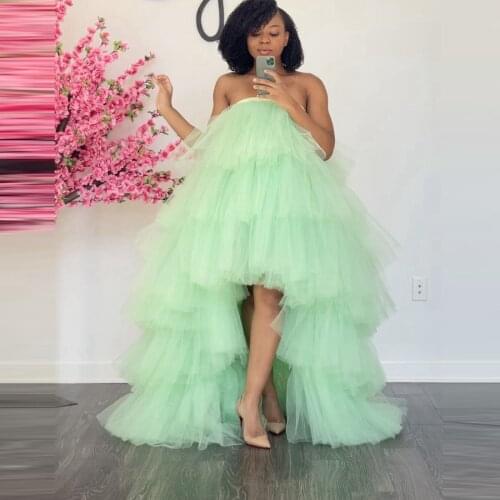 Charming Hi Low Tulle Maxi Dresses Elastic Ruffles Pleated With Train Women Plus Size Dress For Photo Shoot