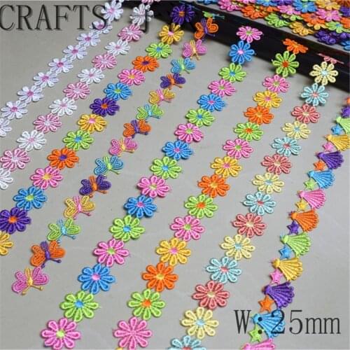 Wholesale 2 Yards Colorful Dainty Flowers Daisy Polyester Lace Trim Embroidered Lace Ribbon For Sewing Craft Wedding