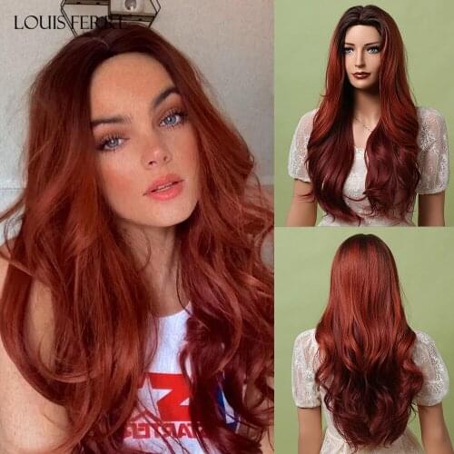 LOUIS FERRE Ombre Wine Red/Brown Hair Wigs High Temperature Daily Cosplay Long Body Wavy Synthetic Wigs for Black Women Afro