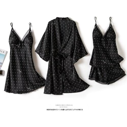 Satin 4 pieces Pajamas Sets Women Black Dot Print Sexy V-Neck Nightwear Lounge Sleepwear Plus Size