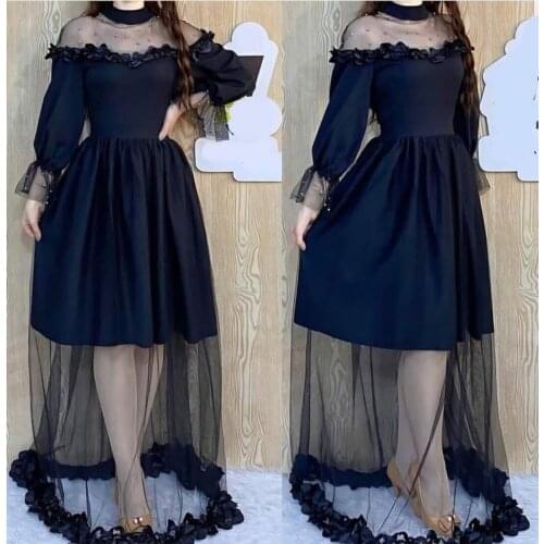 Vintage High Neck Long Tulle Beaded Evening Dresses Navy Blue Zipper Back Flower Abendkleider Formal Party Gown for Women