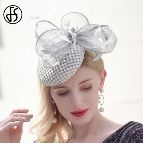 FS Sinamay Fascinators Pillbox Hats For Women Elegant Gray Weddings Hat Vintage Bow Feather Flower Ladies Church Derby Fedora