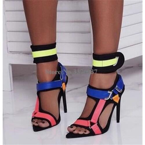 Newest Women Fashion Patchwork Pink Yellow Blue Stiletto Heel Sandals Metal Buckle Ankle Wrap High Heel Sandals Dress Shoes