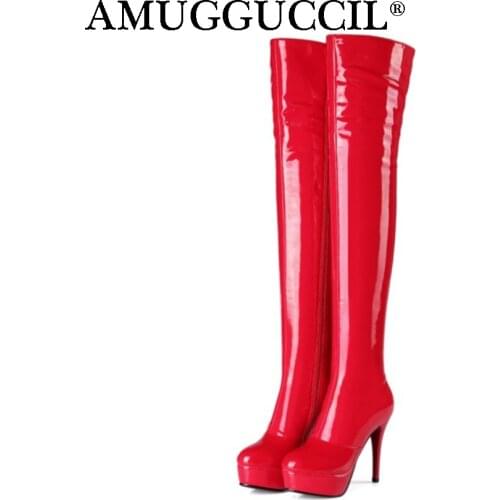 Plus Big Size 33-45 Black Red Apricot Zip High Heel Platform Sexy Over The Knee Thigh High Autumn Winter Women Boot X1641