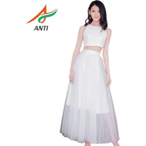 ANTI Fashion Two-piece Long Formal Evening Dress 2019 New White Robe De Soiree Satin Sleeveless Ladies Party Dress Fast Shipping