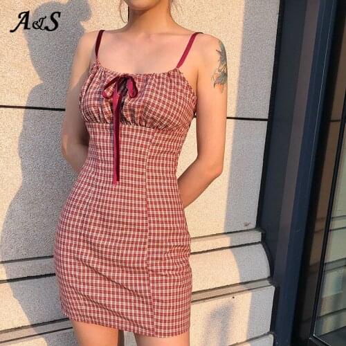 Anbenser Plaid Dress Women Sleeveless Spaghetti Strap Mini Bow Dress Teenage Girl Style Short Summer Dresses For Women Casual