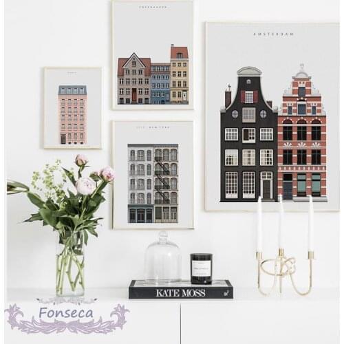 Famous City New York Paris Architecture Hd Poster Nordic Retro Red Pink House Canvas Painting Wall Art Pictures Unique Decor