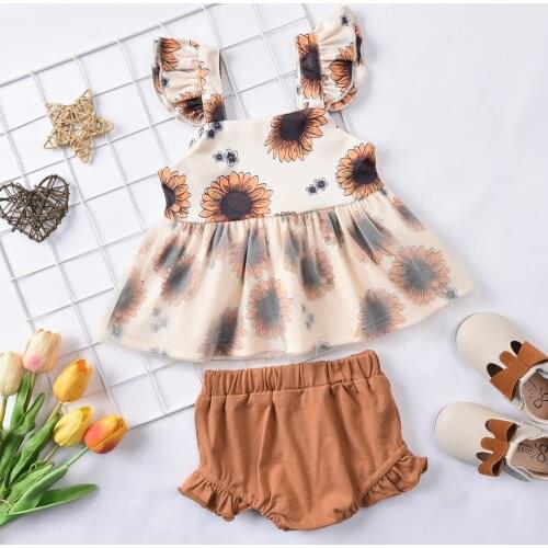 0-12M Newborn Baby Girls Clothes Sets Sunflowers Print Mesh Lace Fly Sleeve Tops Shorts Summer 2pcs Outfits