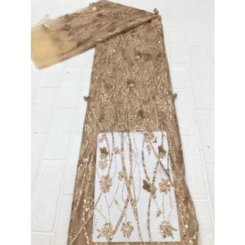 5yards/pc) Latest champagne gold African tulle lace glitter French net lace fabric with 3D Flowers for party dress FZZ003