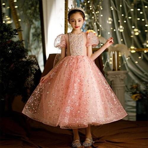 2021 Summer Kids Wedding Dress for Girls Flower Princess Tulle Sequins Dresses Teens Birthday Show Party Pageant Ball Gowns