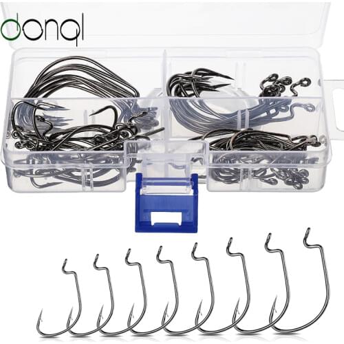 DONQL 60pcs Mixed Size Wide Crank Fishing Hooks Carbon Steel Offset Fishhook 5/0#-4# Barbed Carp Fishing Hook For Soft Worm Lure