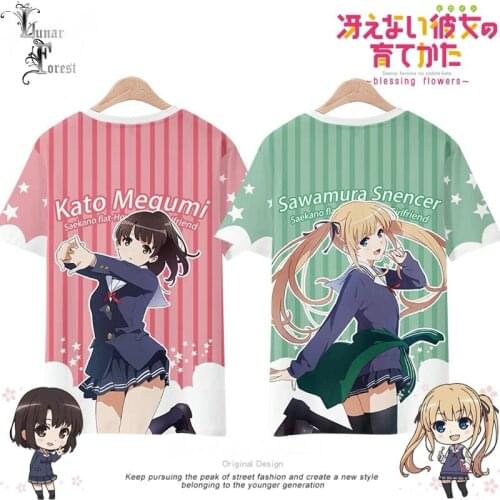 Saenai Kanojo no Sodatekata Blessing Flowers Printing T-shirt Summer Round Neck Short Sleeve Japanese Anime Streetwear Plus Size