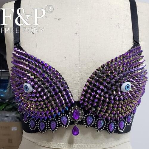 Holographic Spike Rave Push Up Bra Top Burning Man Festival Bandeau Carnival Costume Gogo Pole Dance Wear Clothes