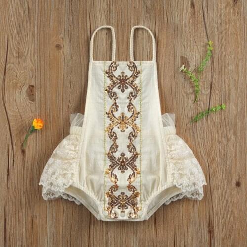 0-24M Summer Baby Girls Boys Bodysuits Lace Flowers Sequined Print Sleeveless Ruffles Backless Jumpsuits