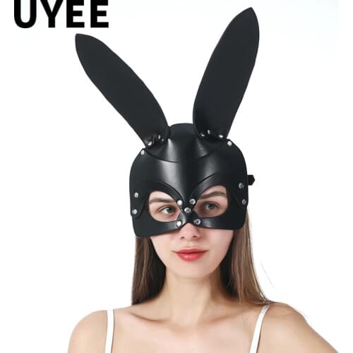 UYEE Black Cosplay Long Ears PU Leather Face Eye Mask For Women Sexy Cat Girls Wild Masquerade Party Mask NEW