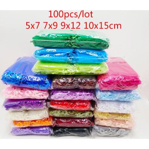 100pcs Organza Bag 5x7 7x9 9x12 10x15cm Jewelry Packaging Organza Bags Wedding Party Gift Bag Pouch Birthday Christmas Gift Bags