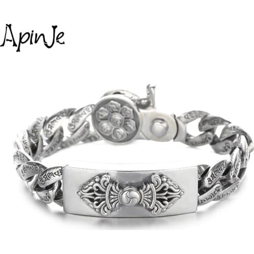 Apinje Vajra Bracelet Men S925 Sterling Silver Vintage Bracelet Personality Six Words Mantra Men Jewelry