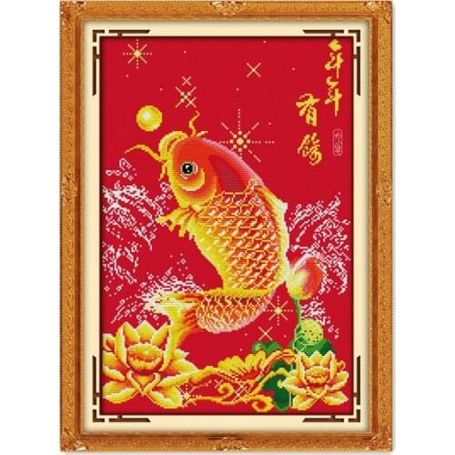 Fish lotus Blessing happiness cross stitch kit Chinese word aida 14ct 11ct count red canvas embroidery DIY handmade needlework
