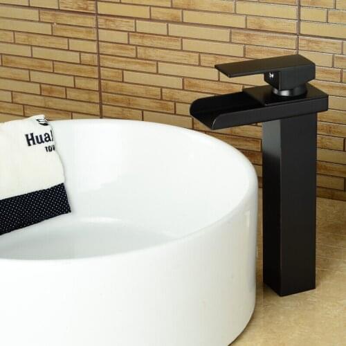 Bathroom soild brass oil rubbed bronze high waterfall basin faucet black tall square faucets deck mounted waterfall water tap