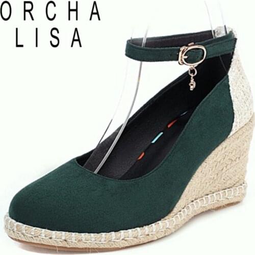 ORCHA LISA 2021 Spring Patchwork Pumps Suede Cover Heel Ankle Buckle Strap Rattan Wedges Round Toe 7.5cm Size 30-44 Green A4172