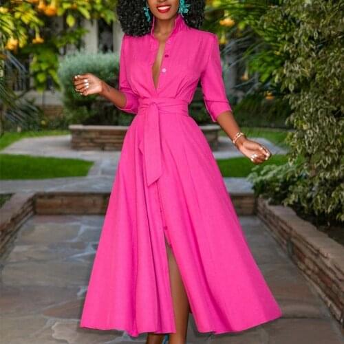 African Style Turkey Ladies Dresses Rose Solid Autumn Half Sleeve Button Up Long Shirt Dress Slit Maxi Dress