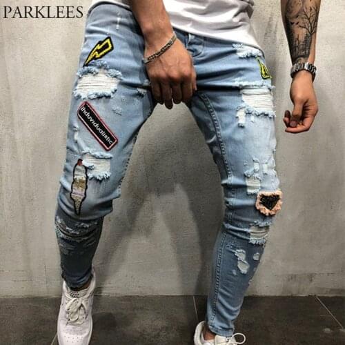 Stylish Embroidery Ripped Jeans Men Skinny Fit Mens Blue Distressed Jean Hip Hop Biker Motorcycle Soft Denim Pants Homme Hombre