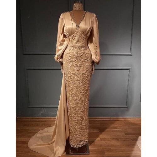 Dark Champagne Mermaid 2021 Prom Dresses Lace Appliqued Beaded Long Sleeves Evening Formal Party Reception Gowns