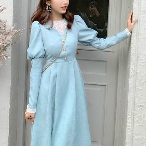 Spring French Patchwork Dress Women Elegant Blue Lace Designer Fairy Dress Female Puff Sleeve Kawaii Korean One-piece Dress 2021