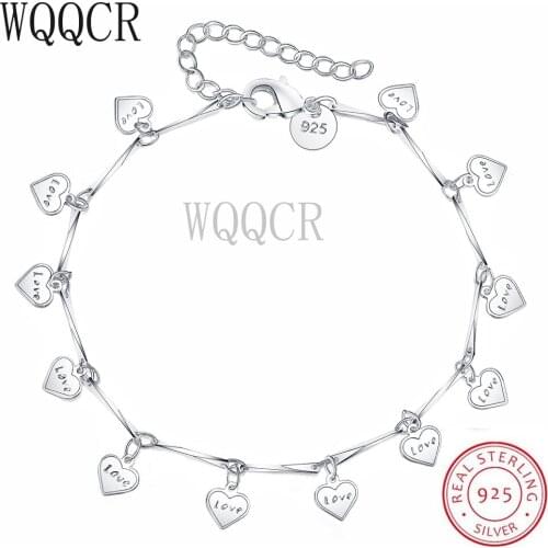 WQQCR 925 Sterling Silver Couple Bracelet English Letter Label Love Heart Pendant Silver Handmade Jewelry Womens Party Gift
