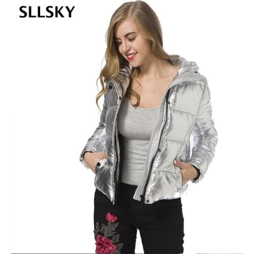 SLLSKY Winter Silver Hooded Parka Women Solid Warm Casual Slim Thick Coat Fashion Basic Soft Elegant Special Office lady Jacket