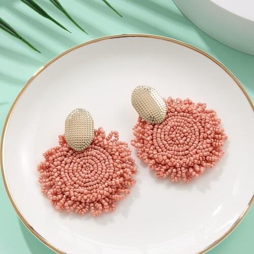 2021 Retro Handmade Bead Geometric Drop earrings for women Summer Fashion Big Round Splicing Earring for Women Pendant Jewelry