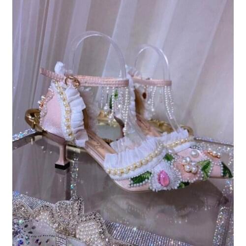 Sweet Woolen Flower with Pearl High Heels Woman Beads Tassel Ankle Strap Pointed Toe Cup Heels Pink Satin Wedding Pump Shoes