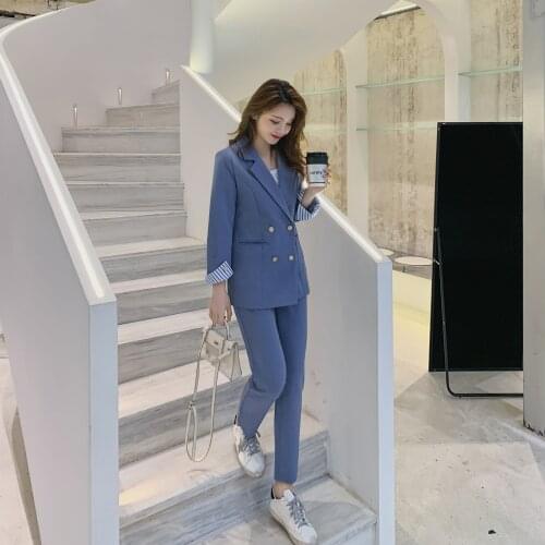 Business Women Two Pieces Formal Suit Double Breasted Long Sleeve Blazer and Straight Pencil Pant Set Suit