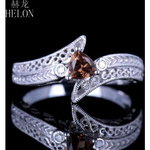 HELON Sterling Silver 925 Trillion 4.5mm Genuine Smokey Quartz & Diamonds Engagement Ring Women Vintage Trendy Jewelry Best Gift