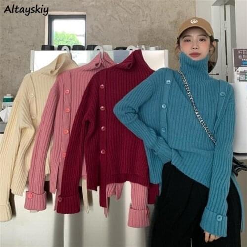 4 Colors Sweaters Women Patchwork Buttons Turtleneck Korean Style Side-slit All-match Trendy Slim Popular Female Pullovers Chic