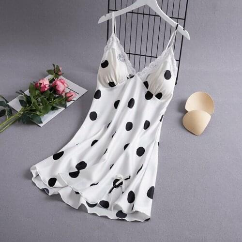 White Polka Dot Print Female Nightdress Summer Sexy V-Neck Spaghetti Strap Nightgown Rayon Home Dress Lace Bow Trim Sleepwear