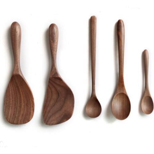 Japanese Style Black Walnut Wooden Dessert Spoon Tableware Coffee Honey Spoons Stir Long Scoop Soup Rice Spoon Kitchen Supplies