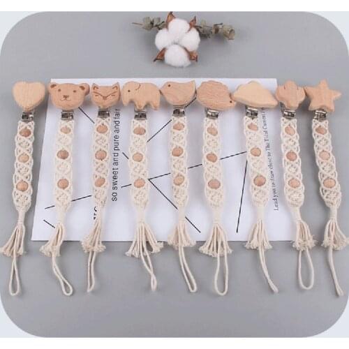 Baby Teething Soother Beech Wood Clip Cotton Rope Crochet Pacifier Chain DIY Dummy Nipple Holder Leash Strap Shower Gifts