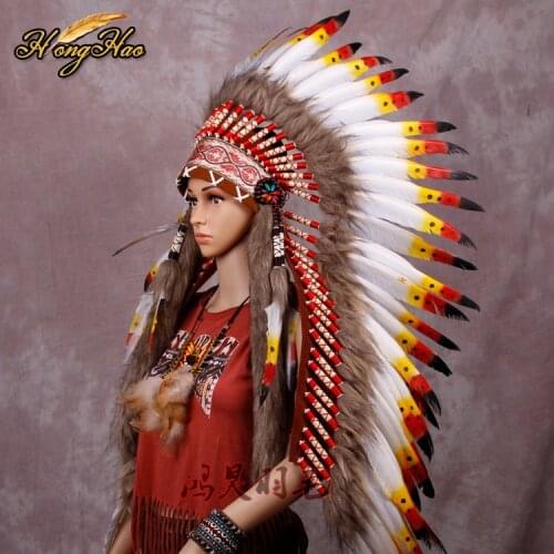 Long Indian Feather headdress handmade red and black feather costumes handmade indian feather headdress war bonnet hat costumes