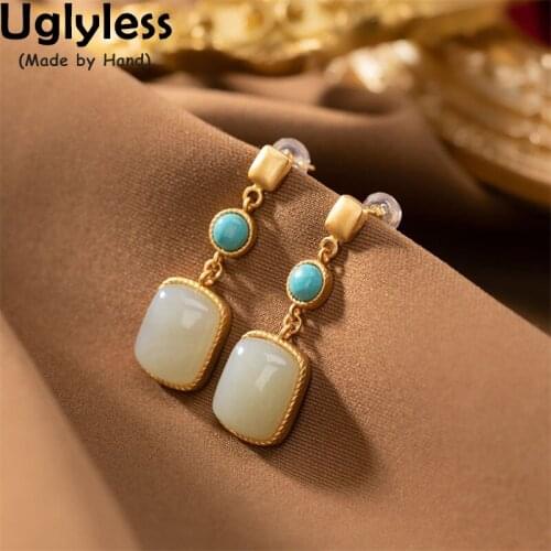 Uglyless Elegant Women Square Jade Earrings for Women Simple Geometric Fashion Jewelry 925 Silver Brincos Gold Studs Earrings
