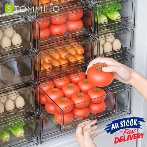 STOMMIHO Refrigerator Organizer Drawers Fridge Stackable Storage Box With Drain Board Clear Food Storage Bins