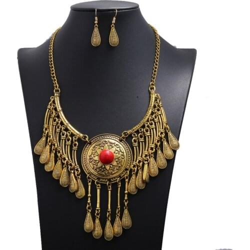 LZHLQ Female Vintage Bohemian Necklace Earrings Set Ethnic Choker Maxi Statement Necklace Women Jewelry Sets