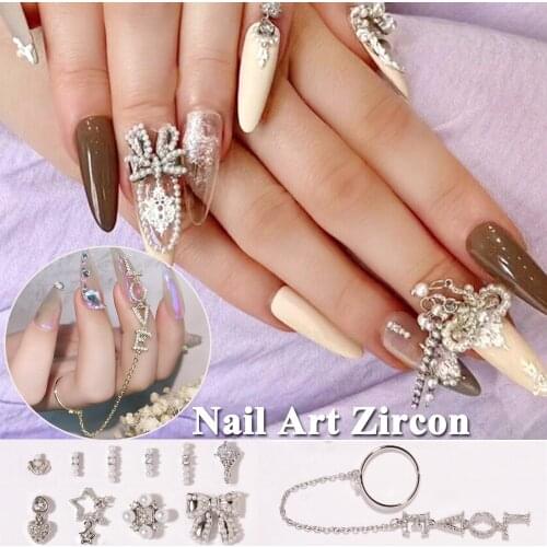 3D Metal Crystal LOVE Pendant Chains Pearls Nail Rhinestones Bow Nail Art Decorations Nail Zircon DIY Nail Jewelry