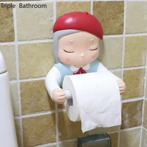 Cartoon Cute Maiden Paper Towel Holder Resin Punch-free Bathroom Accessories Tissue Holder Shelf Toilet Towel Rail Holder