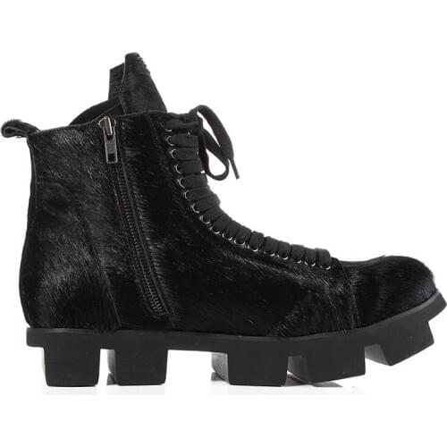 Winter Gothic Mens Platform Snow Boots Shearling Horse Fur Genuine Leather Ankle Boots Male High Top Lace Up Work Safety Shoes