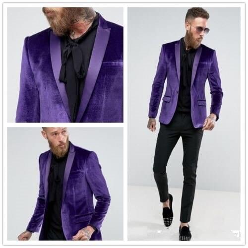 New Arrival Purple Velvet Jacket With Black Pant Mens Suits Party Prom Groom Tuxedos Groomsmen Wedding Suits (Jacket+Pants)